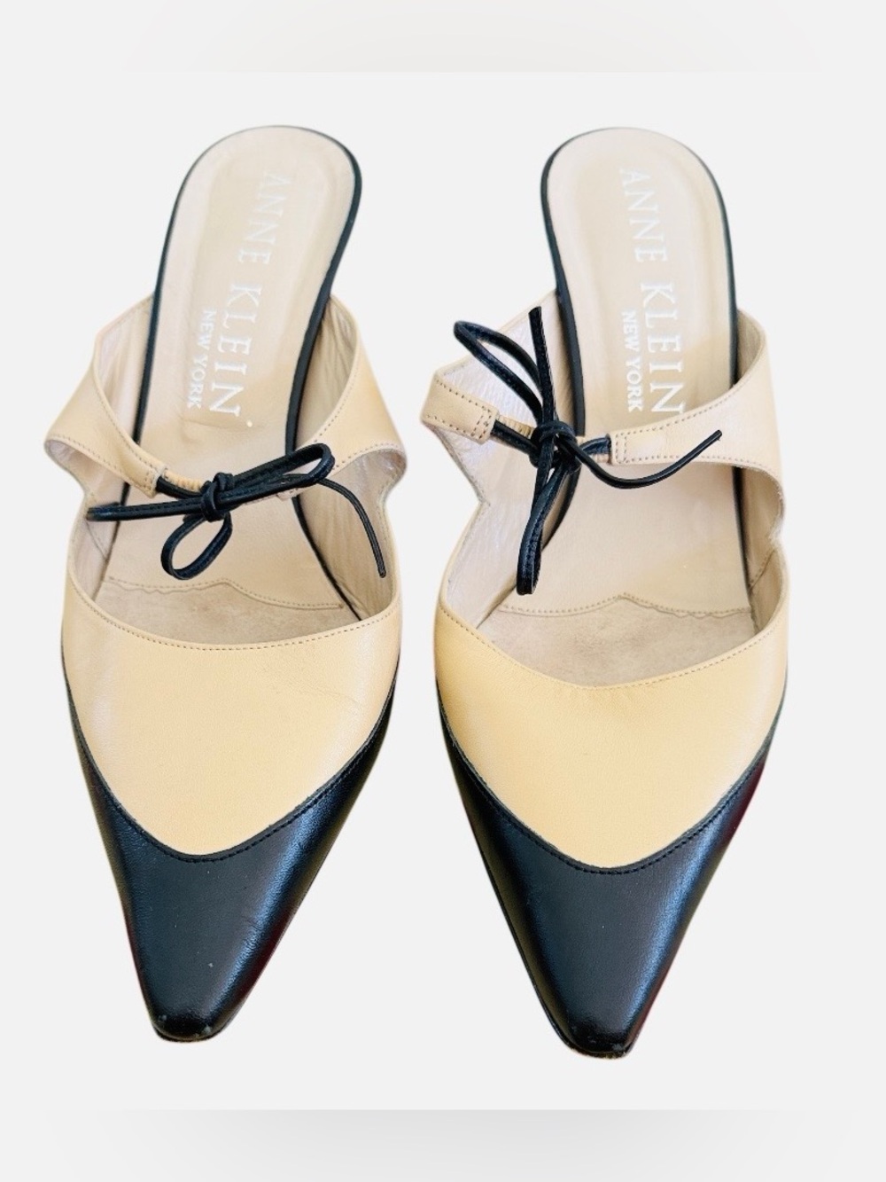 Anne Klein Beige and Black Pointed Leather Slip-On Mules